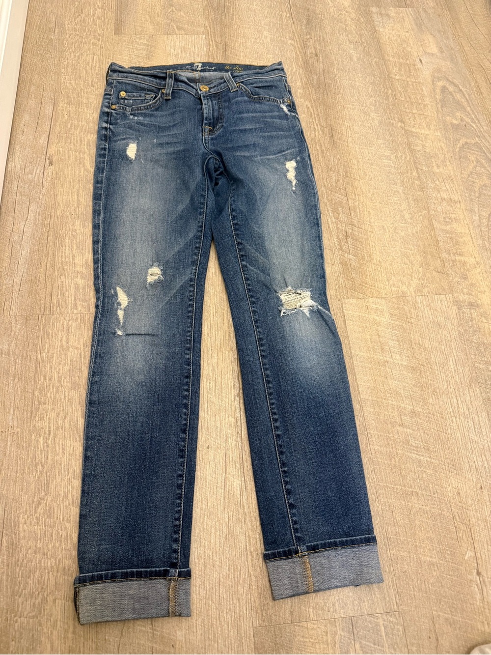 7 For All Mankind Distressed Dark Blue Cropped Jeans